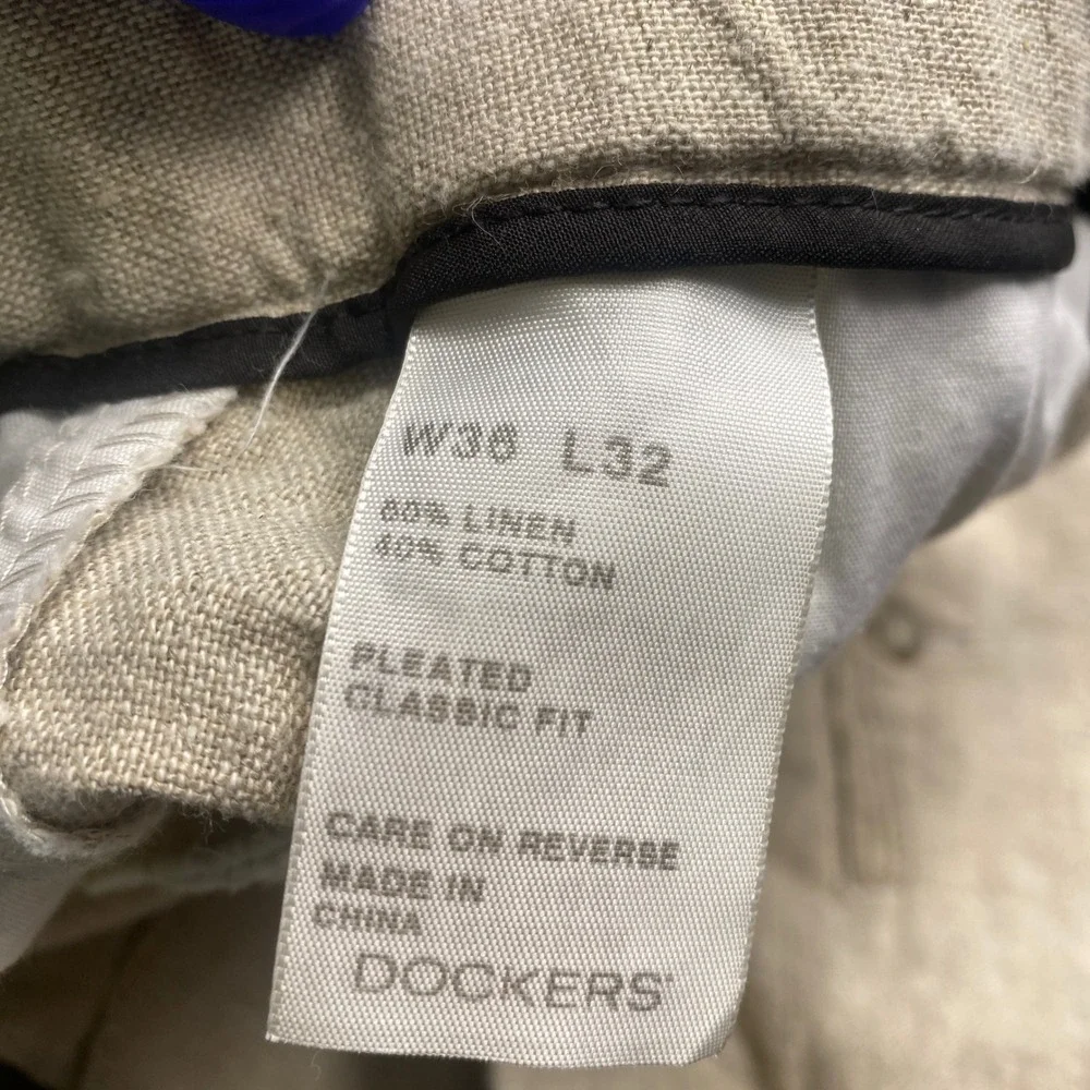 Dockers Premium Men 38x32 Linen Cotton Pleated Pants Tan D3 Classic Fit Beach